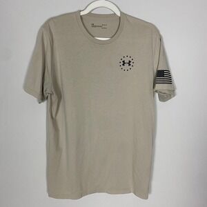 Under Armour Mens Loose Fit Heatgear T Shirt Tan Flag Logo Size Large